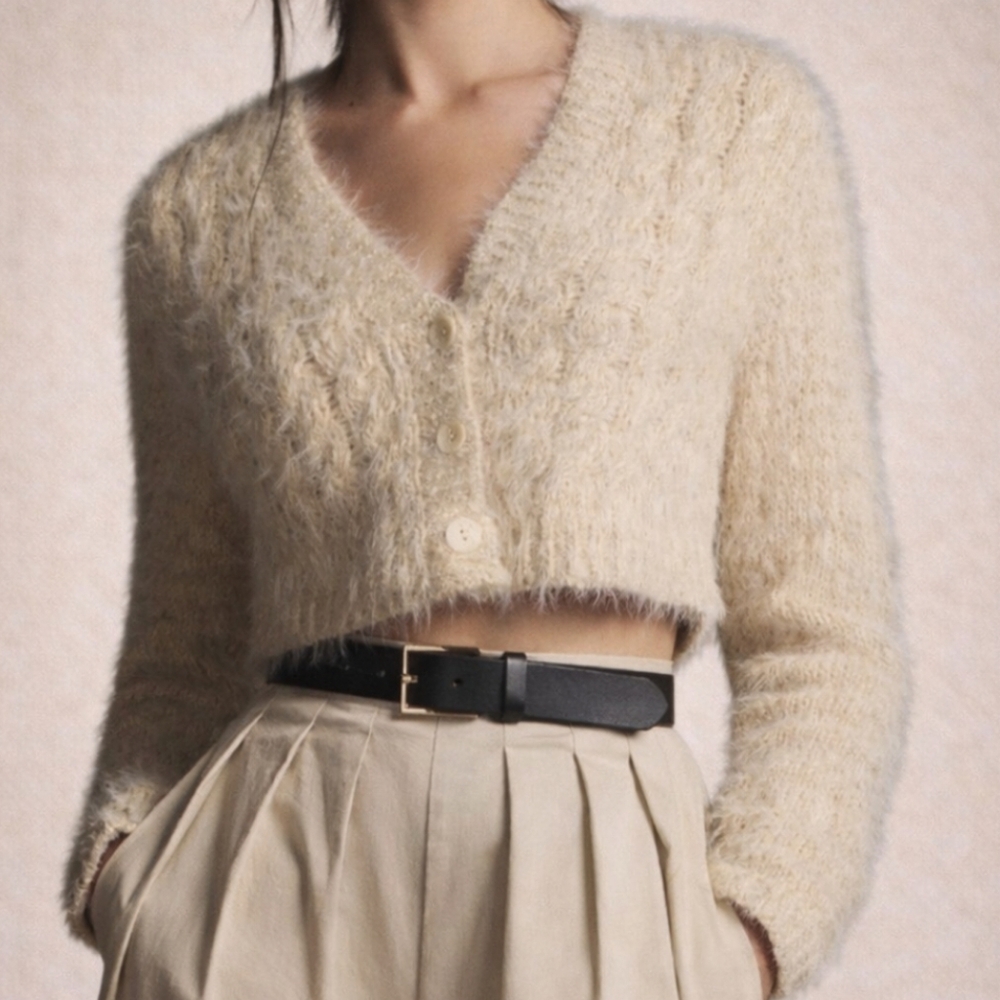 Anthropologie Soft Cream Cropped V-Neck Cardigan